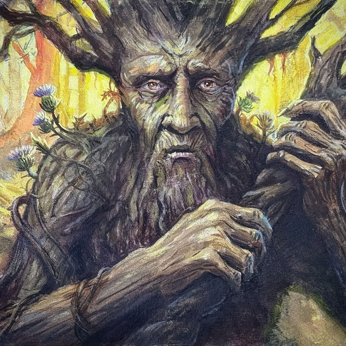Gouache illustration of a mysterious tree shaped forest spirit emerging from a forest holding an ancient staff