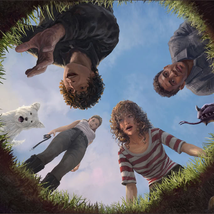 Storybook illustration of teenagers and a small white Scottish Terrier dog peering down into a hole in which a little dragon sits guarding its golden eggs