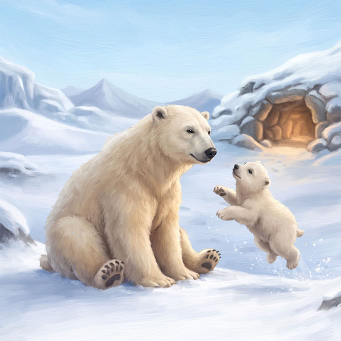 A charming illustration of a polar bear mother and her cub playing in the snow outside their cosy den