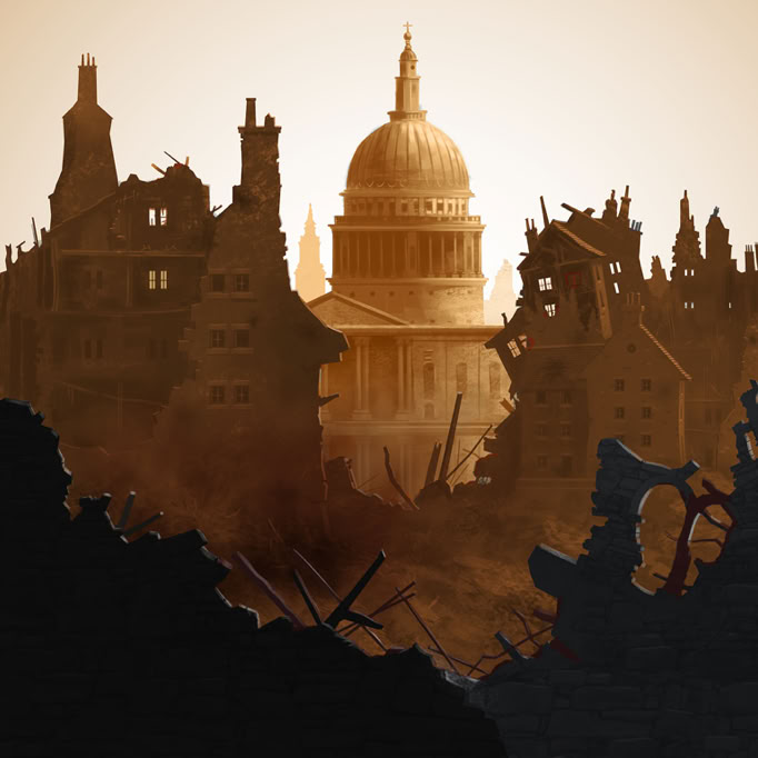 Theatre set illustration depicting the London skyline and St Paul's Cathedral emerging from a dramatic ruined cityscape for Disney's Bedknobs and Broomsticks theatrical production.